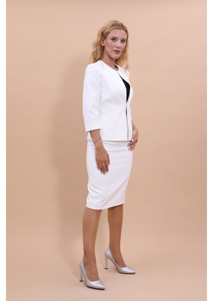 Oval Yaka Kısa Ceket & Kalem Etek Takım-Beyaz fırsatları