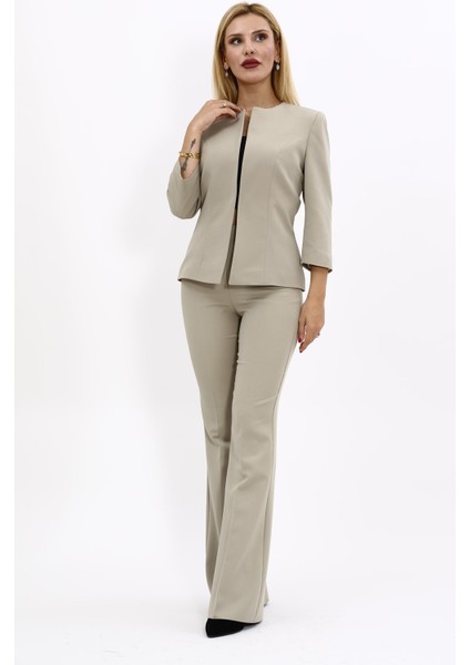 Sıfır Yaka Düz Kısa Ceket & İspanyol Paça Pantolon-Bambu