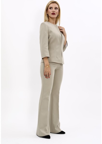 Sıfır Yaka Düz Kısa Ceket & İspanyol Paça Pantolon-Bambu modelleri