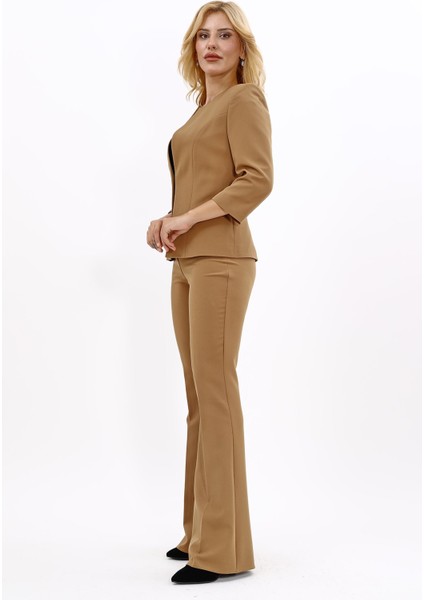 Oval Yaka Kısa Ceket & Ispanyol Paça Pantolon Takım-Camel fiyatları