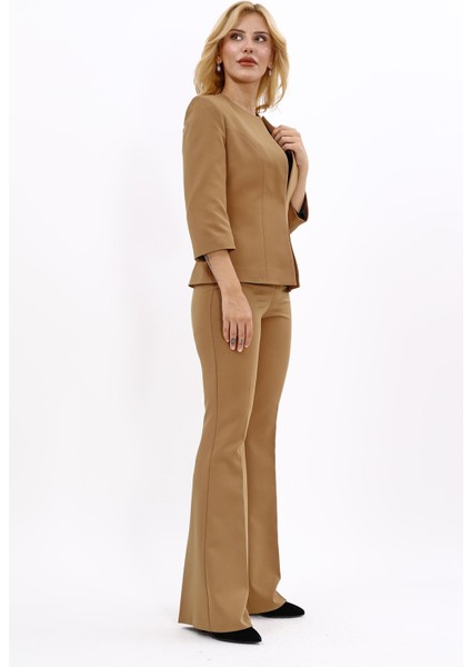 Oval Yaka Kısa Ceket & Ispanyol Paça Pantolon Takım-Camel modelleri