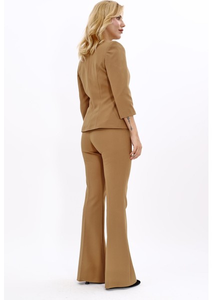 Oval Yaka Kısa Ceket & Ispanyol Paça Pantolon Takım-Camel fırsatları