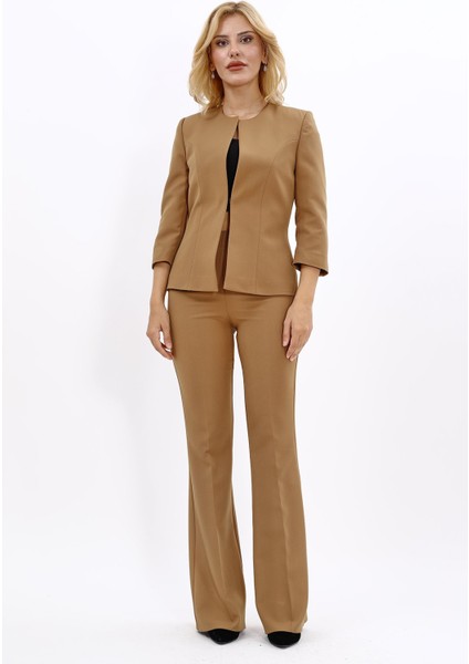 Oval Yaka Kısa Ceket & Ispanyol Paça Pantolon Takım-Camel indirimleri