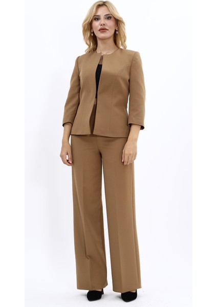 Oval Yaka Kısa Ceket & Bol Paça Pantolon Takım-Camel