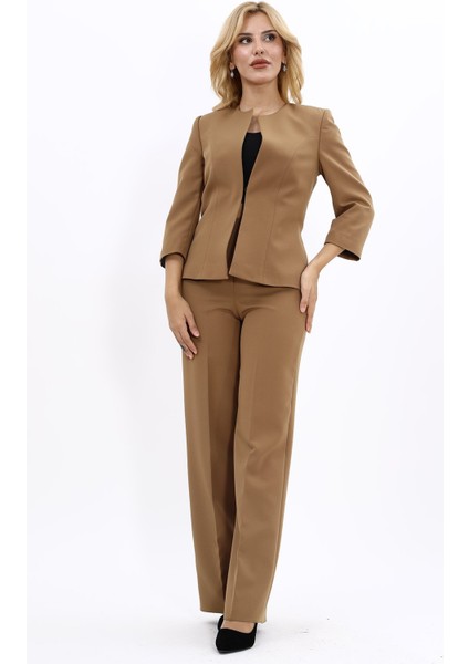 Oval Yaka Kısa Ceket & Bol Paça Pantolon Takım-Camel fiyatları