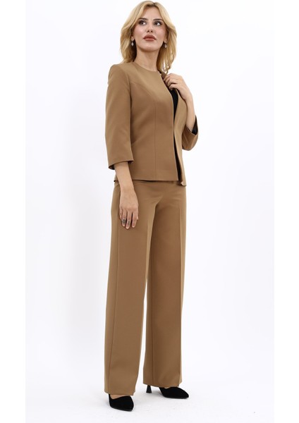 Oval Yaka Kısa Ceket & Bol Paça Pantolon Takım-Camel fırsatları