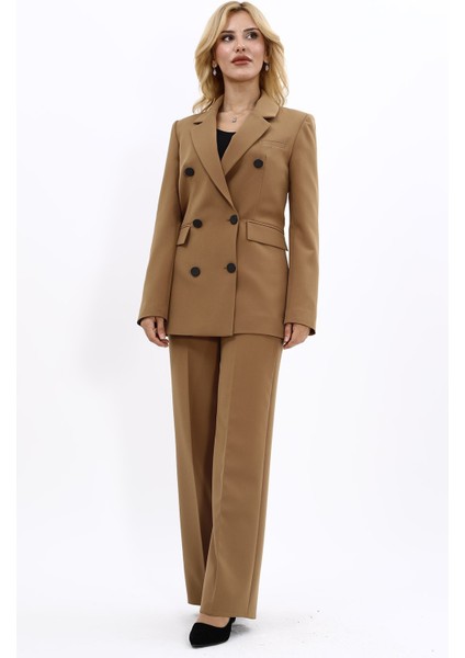 Blazer Ceket & Bol Paça Pantolon Takım-Camel fırsatları