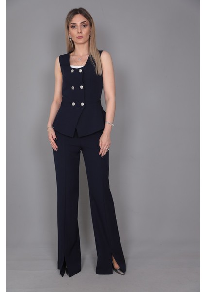 Aller Yelek & Ispanyol Yırtmaçlı Paça Pantolon Takım-Lacivert