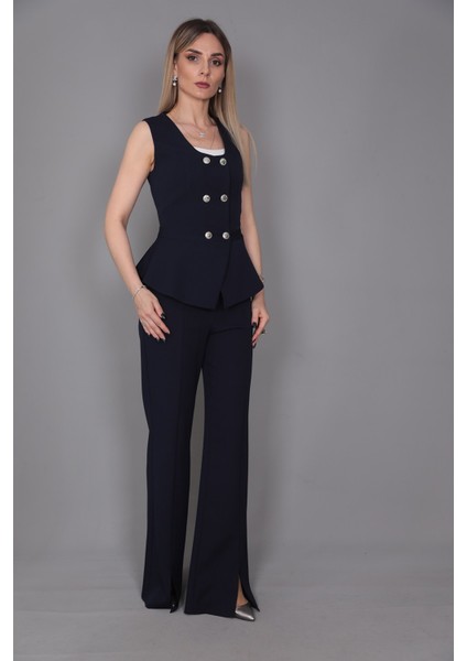 Aller Yelek & Ispanyol Yırtmaçlı Paça Pantolon Takım-Lacivert fırsatları