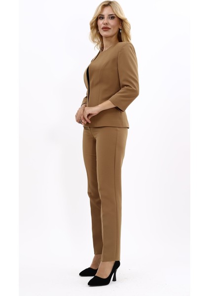 Oval Yaka Kısa Ceket & Boru Paça Pantolon Takım-Camel fiyatları
