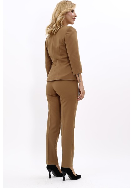 Oval Yaka Kısa Ceket & Boru Paça Pantolon Takım-Camel fırsatları