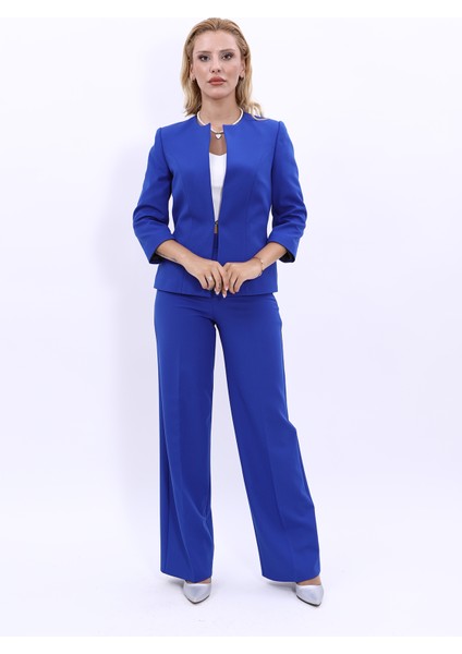 Sıfır Yaka Düz Kısa Ceket & Bol Paça Pantolon Takım-Saks