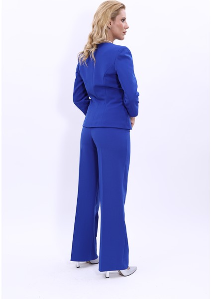 Sıfır Yaka Düz Kısa Ceket & Bol Paça Pantolon Takım-Saks indirimleri