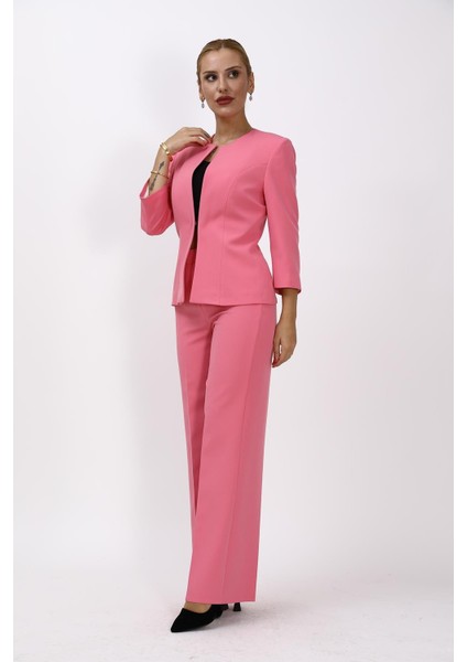 Oval Yaka Kısa Ceket & Bol Paça Pantolon Takım-Pembe