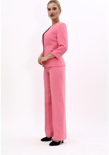 Oval Yaka Kısa Ceket & Bol Paça Pantolon Takım-Pembe fiyatları