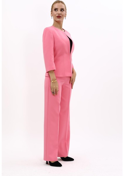 Oval Yaka Kısa Ceket & Bol Paça Pantolon Takım-Pembe modelleri