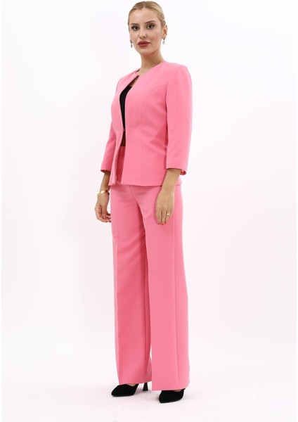 Oval Yaka Kısa Ceket & Bol Paça Pantolon Takım-Pembe indirimleri