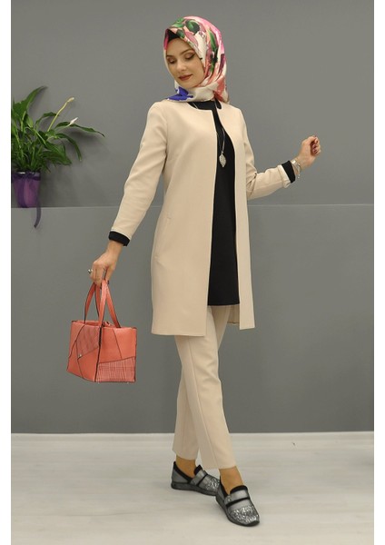 Sıfır Yaka Düz Uzun Ceket & Dar Paça Pantolon-Vizon