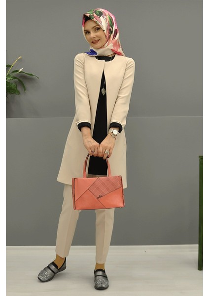 Sıfır Yaka Düz Uzun Ceket & Dar Paça Pantolon-Vizon fiyatları