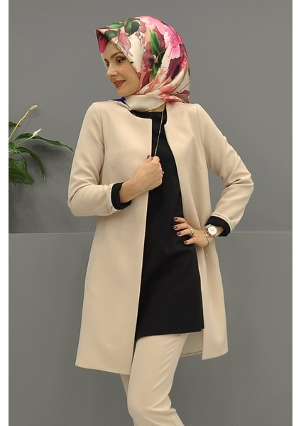 Sıfır Yaka Düz Uzun Ceket & Dar Paça Pantolon-Vizon modelleri