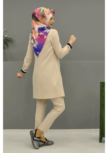 Sıfır Yaka Düz Uzun Ceket & Dar Paça Pantolon-Vizon fırsatları