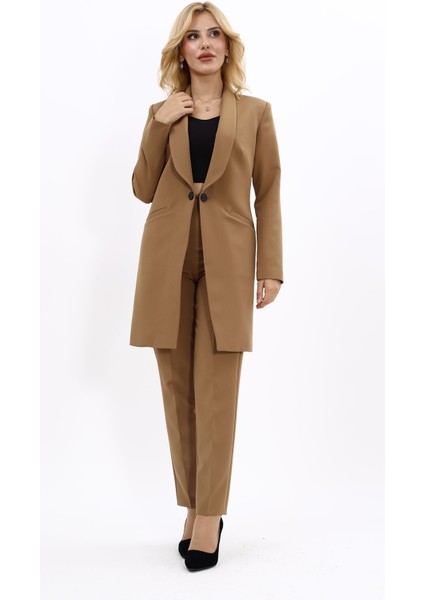 Şal Yaka Cepli Uzun Ceket & Dar Paça Pantolon Takım-Camel