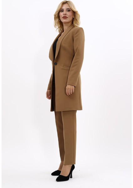 Şal Yaka Cepli Uzun Ceket & Dar Paça Pantolon Takım-Camel fiyatları