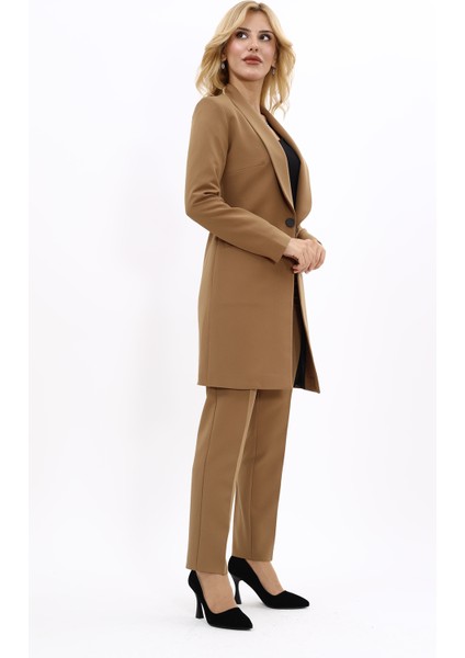 Şal Yaka Cepli Uzun Ceket & Dar Paça Pantolon Takım-Camel modelleri