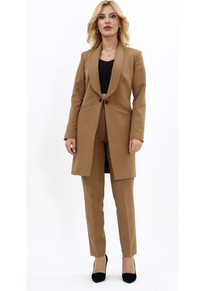 Şal Yaka Cepli Uzun Ceket & Dar Paça Pantolon Takım-Camel indirimleri
