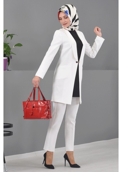 Şal Yaka Cepli Uzun Ceket & Dar Paça Pantolon Takım-Beyaz fiyatları