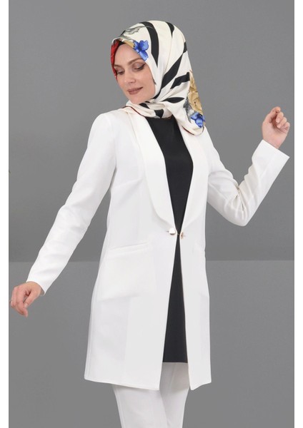 Şal Yaka Cepli Uzun Ceket & Dar Paça Pantolon Takım-Beyaz modelleri