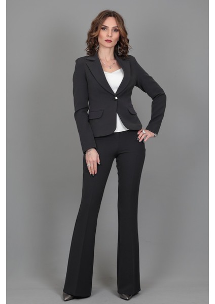 Yakalı Tek Düğmeli Ceket & Ispanyol Paça Pantolon Takım-Füme