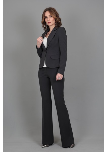 Yakalı Tek Düğmeli Ceket & Ispanyol Paça Pantolon Takım-Füme fiyatları