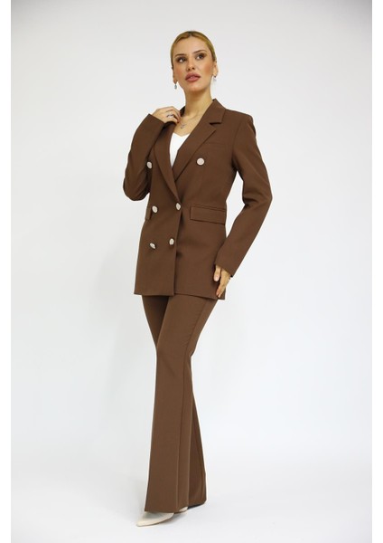 Blazer Ceket & Ispanyol Paça Pantolon Takım-Kestane