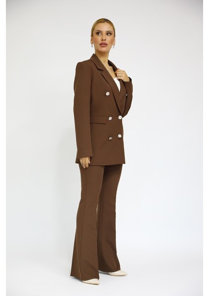 Blazer Ceket & Ispanyol Paça Pantolon Takım-Kestane modelleri