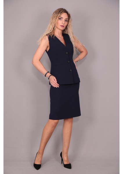 Uzun Klasik Yelek & Kalem Etek Takım-Lacivert