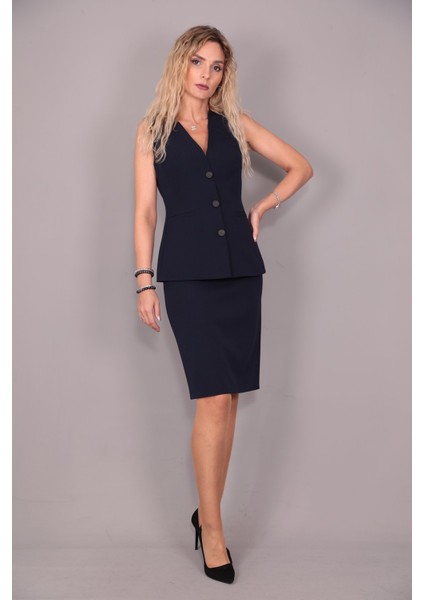 Uzun Klasik Yelek & Kalem Etek Takım-Lacivert fiyatları