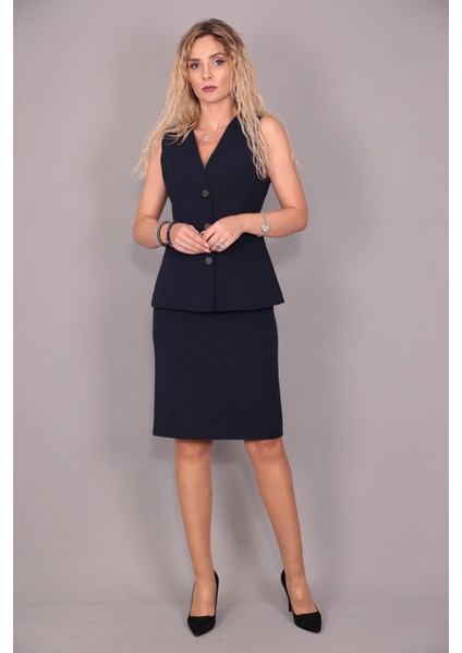 Uzun Klasik Yelek & Kalem Etek Takım-Lacivert modelleri