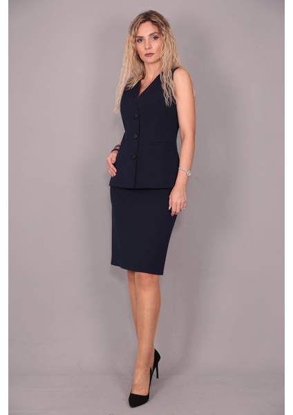 Uzun Klasik Yelek & Kalem Etek Takım-Lacivert indirimleri