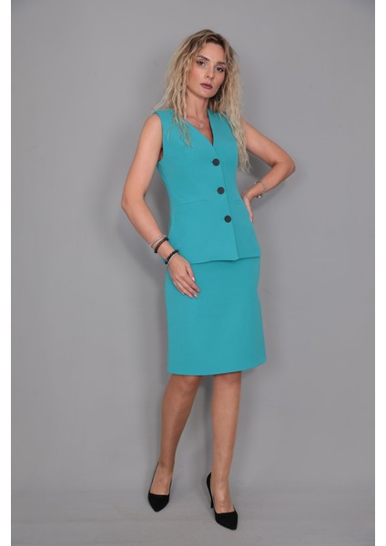 Uzun Klasik Yelek & Kalem Etek Takım-Turkuaz