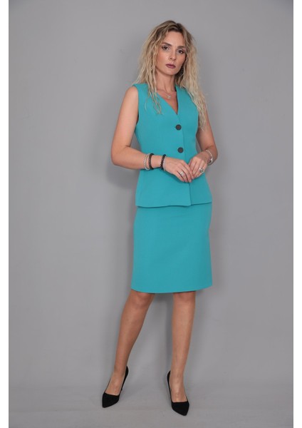 Uzun Klasik Yelek & Kalem Etek Takım-Turkuaz modelleri