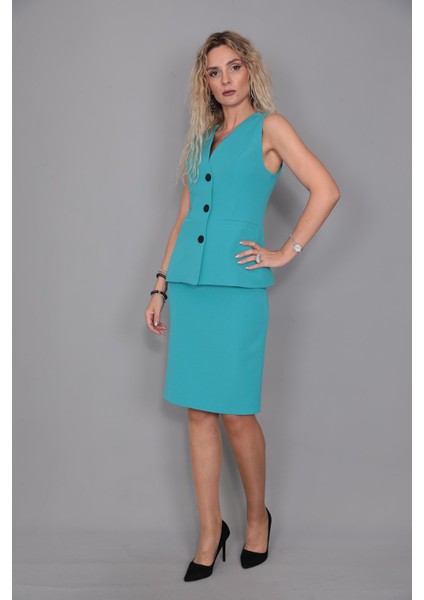 Uzun Klasik Yelek & Kalem Etek Takım-Turkuaz fırsatları