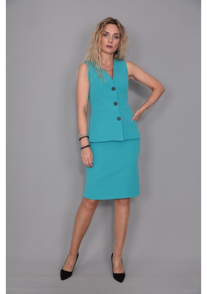 Uzun Klasik Yelek & Kalem Etek Takım-Turkuaz indirimleri