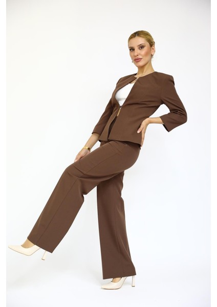 Sıfır Yaka Düz Kısa Ceket & Bol Paça Pantolon Takım-Kestane fiyatları