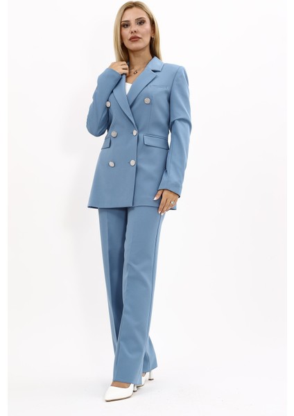 Erkek Yaka Kuruvaze Blazer Ceket & Bol Paça Pantolon-Deniz