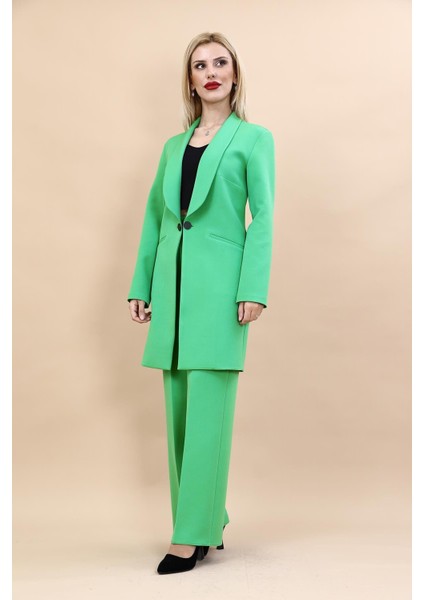 Şal Yaka Cepli Uzun Ceket & Bol Paça Pantolon-Yeşil
