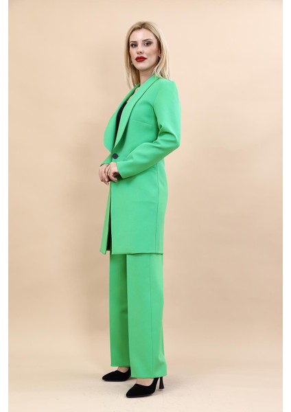 Şal Yaka Cepli Uzun Ceket & Bol Paça Pantolon-Yeşil fiyatları