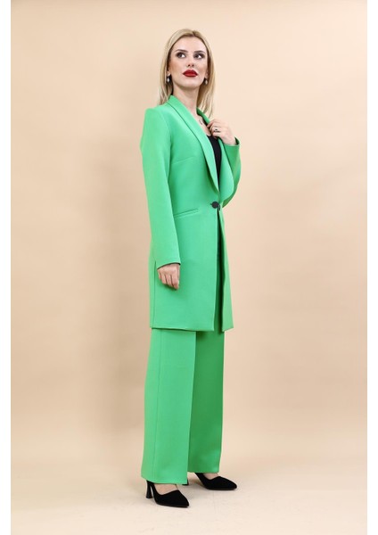 Şal Yaka Cepli Uzun Ceket & Bol Paça Pantolon-Yeşil modelleri