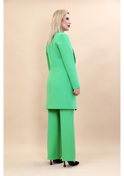 Şal Yaka Cepli Uzun Ceket & Bol Paça Pantolon-Yeşil fırsatları