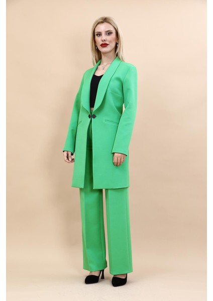Şal Yaka Cepli Uzun Ceket & Bol Paça Pantolon-Yeşil indirimleri